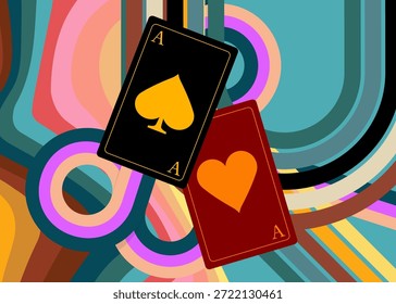 Fondo retro de los años 70 con tarjeta de juego de póquer. Groovy poker 1970 Plantilla de arte. Afiche de diseño minimalista de Antiguas. Obra de arte a color anticuada.