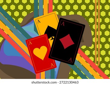 Fondo retro de los años 70 con tarjeta de juego de póquer. Groovy poker 1970 Plantilla de arte. Afiche de diseño minimalista de Antiguas. Obra de arte a color anticuada.