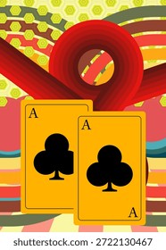 Fondo retro de los años 70 con tarjeta de juego de póquer. Groovy poker 1970 Plantilla de arte. Afiche de diseño minimalista de Antiguas. Obra de arte a color anticuada.