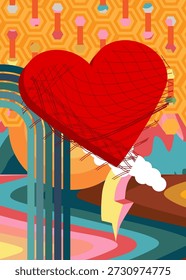 Retro 70s Background with Red Heart. Groovy romance 1970s art template. Minimalistic Vintage design poster. Old-fashioned color artwork.