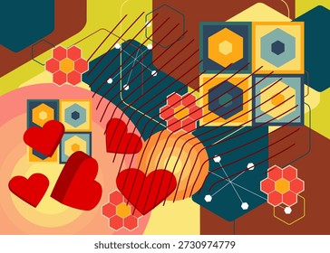 Retro 70s Fundo com Coração Vermelho. Groovy romance 1970 modelo de arte. Cartaz de design minimalista Vintage. Arte colorida antiquada.