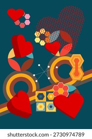 Retro 70s Fundo com Coração Vermelho. Groovy romance 1970 modelo de arte. Cartaz de design minimalista Vintage. Arte colorida antiquada.