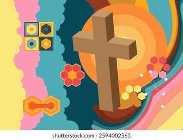 Retro 70s Background with Religion cross, Crucifix. Groovy Religion 1970s art template. Minimalistic Vintage design poster. Old-fashioned color artwork.