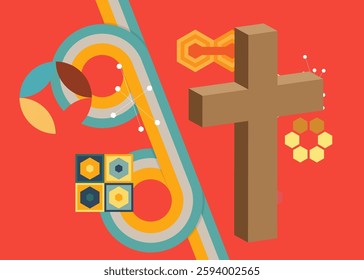 Retro 70s Background with Religion cross, Crucifix. Groovy Religion 1970s art template. Minimalistic Vintage design poster. Old-fashioned color artwork.