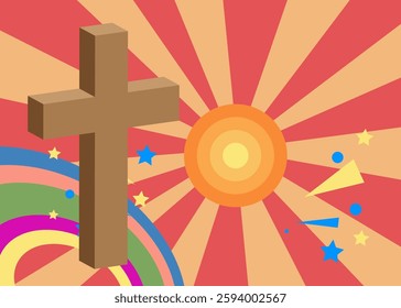 Retro 70s Background with Religion cross, Crucifix. Groovy Religion 1970s art template. Minimalistic Vintage design poster. Old-fashioned color artwork.