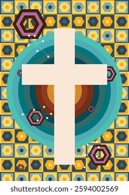 Retro 70s Background with Religion cross, Crucifix. Groovy Religion 1970s art template. Minimalistic Vintage design poster. Old-fashioned color artwork.