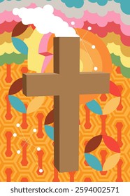 Retro 70s Background with Religion cross, Crucifix. Groovy Religion 1970s art template. Minimalistic Vintage design poster. Old-fashioned color artwork.