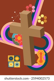 Retro 70s Background with Religion cross, Crucifix. Groovy Religion 1970s art template. Minimalistic Vintage design poster. Old-fashioned color artwork.