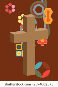 Retro 70s Background with Religion cross, Crucifix. Groovy Religion 1970s art template. Minimalistic Vintage design poster. Old-fashioned color artwork.