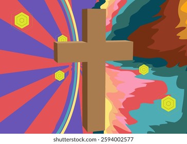 Retro 70s Background with Religion cross, Crucifix. Groovy Religion 1970s art template. Minimalistic Vintage design poster. Old-fashioned color artwork.