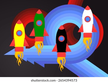 Retro 70s Background with Rocketship (em inglês). Modelo de arte Groovy Ship 1970s. Cartaz de design minimalista Vintage. Arte colorida antiquada.
