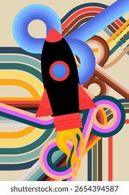 Retro 70s Background with Rocketship (em inglês). Modelo de arte Groovy Ship 1970s. Cartaz de design minimalista Vintage. Arte colorida antiquada.