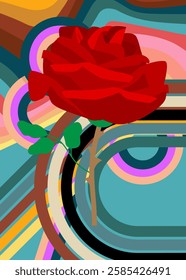 Retro 70s Background with Rose. Groovy Flower 1970s art template. Minimalistic Vintage design poster. Old-fashioned color artwork.