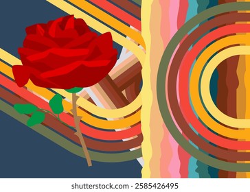 Retro 70s Background with Rose. Groovy Flower 1970s art template. Minimalistic Vintage design poster. Old-fashioned color artwork.