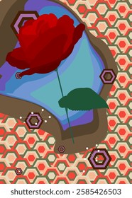 Retro 70s Background with Rose. Groovy Flower 1970s art template. Minimalistic Vintage design poster. Old-fashioned color artwork.