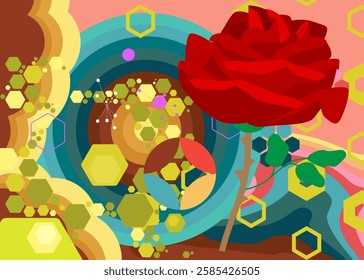 Retro 70s Background with Rose. Groovy Flower 1970s art template. Minimalistic Vintage design poster. Old-fashioned color artwork.