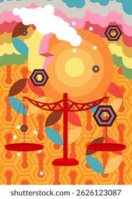 Retro 70s Background with Scale. Groovy Balance 1970s art template. Minimalistic Vintage design poster. Old-fashioned color artwork.