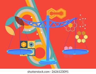 Retro 70s Background with Scale. Groovy Balance 1970s art template. Minimalistic Vintage design poster. Old-fashioned color artwork.