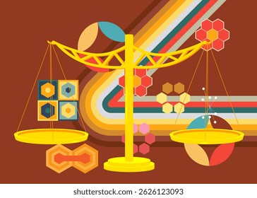 Retro 70s Hintergrund mit Skala. Groovy Balance Kunstvorlage aus den 1970er Jahren. Minimalistisches Vintage Design Poster. Alte Farbkunst.