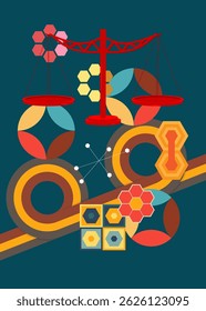 Plano de fundo retro 70s com escala. Groovy Balance 1970 modelo de arte. Cartaz de design minimalista Vintage. Arte colorida antiquada.