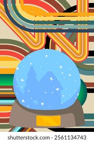 Retro 70s Background with Snow Globe .Groovy Snowball 1970s art template. Minimalistic Vintage design poster. Old-fashioned color artwork.