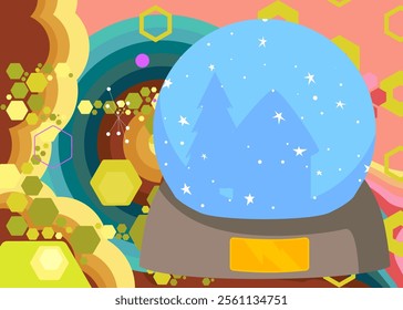 Retro 70s Background with Snow Globe .Groovy Snowball 1970s art template. Minimalistic Vintage design poster. Old-fashioned color artwork.