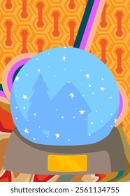 Retro 70s Background with Snow Globe .Groovy Snowball 1970s art template. Minimalistic Vintage design poster. Old-fashioned color artwork.
