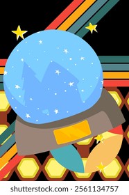 Retro 70s Background with Snow Globe .Groovy Snowball 1970s art template. Minimalistic Vintage design poster. Old-fashioned color artwork.