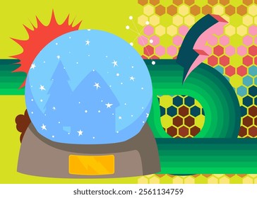Retro 70s Background with Snow Globe .Groovy Snowball 1970s art template. Minimalistic Vintage design poster. Old-fashioned color artwork.