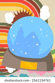 Retro 70s Background with Snow Globe .Groovy Snowball 1970s art template. Minimalistic Vintage design poster. Old-fashioned color artwork.