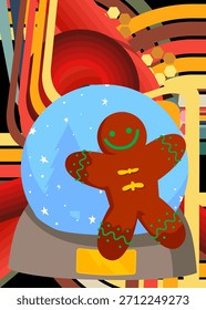 Fondo retro de los años 70 con globo de nieve y galleta de Navidades de hombre de jengibre. Groovy Navidades de la década de 1970 Plantilla de arte. Afiche de diseño minimalista de Antiguas. Obra de arte a color anticuada.