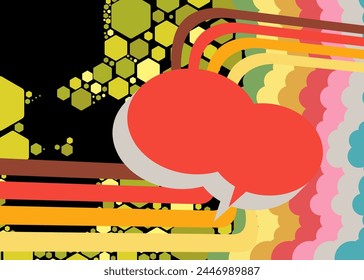 Retro 70s Background with Speech Bubble. Groovy Chat 1970s art template. Minimalistic Vintage design poster. Old-fashioned color artwork.