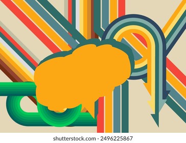 Retro 70s Hintergrund mit Sprechblase. Groovy Ankündigung. Kunstvorlage aus den 1970er Jahren. Minimalistisches Vintage Design Poster. Alte Farbkunst.