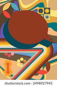 Retro 70s Background with Speech Bubble. Groovy Announcement. 1970s art template. Minimalistic Vintage design poster. Old-fashioned color artwork.