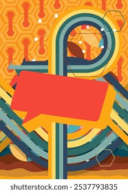 Retro 70s Background with  Speech Bubble. Groovy Communication 1970s art template. Minimalistic Vintage design poster. Old-fashioned color artwork.