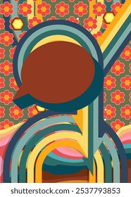 Retro 70s Background with  Speech Bubble. Groovy Communication 1970s art template. Minimalistic Vintage design poster. Old-fashioned color artwork.