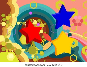 Retro 70s Background with Star. Groovy 1970s art template. Minimalistic Vintage design poster. Old-fashioned color artwork.