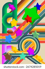 Retro 70s Background with Star. Groovy 1970s art template. Minimalistic Vintage design poster. Old-fashioned color artwork.