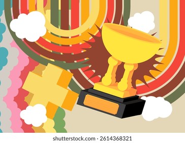 Retro 70s Background with Trophy Cup. Groovy Championship 1970s art template. Minimalistic Vintage design poster. Old-fashioned color artwork.