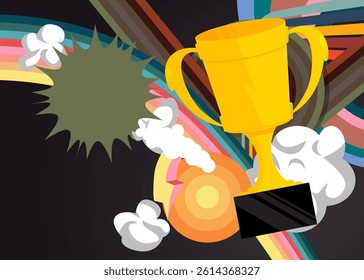 Retro 70s Background with Trophy Cup. Groovy Championship 1970s art template. Minimalistic Vintage design poster. Old-fashioned color artwork.