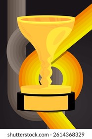 Retro 70s Background with Trophy Cup. Groovy Championship 1970s art template. Minimalistic Vintage design poster. Old-fashioned color artwork.