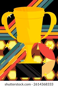 Retro 70s Background with Trophy Cup. Groovy Championship 1970s art template. Minimalistic Vintage design poster. Old-fashioned color artwork.