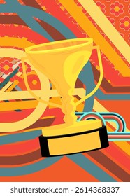 Retro 70s Background with Trophy Cup. Groovy Championship 1970s art template. Minimalistic Vintage design poster. Old-fashioned color artwork.