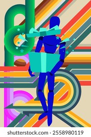Retro 70s Background with wooden puppet holding gift box. Groovy Holiday 1970s art template. Minimalistic Vintage design poster. Old-fashioned color artwork.