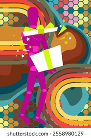 Retro 70s Background with wooden puppet holding gift box. Groovy Holiday 1970s art template. Minimalistic Vintage design poster. Old-fashioned color artwork.
