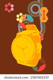 Retro 70s Background with wristwatch. Groovy watch 1970s art template. Minimalistic Vintage design poster. Old-fashioned color artwork.