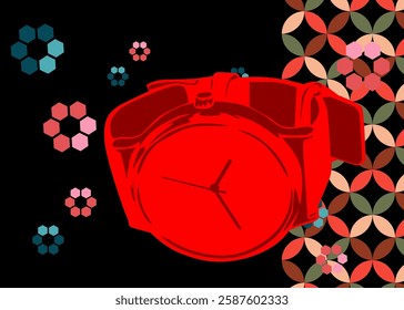 Retro 70s Background with wristwatch. Groovy watch 1970s art template. Minimalistic Vintage design poster. Old-fashioned color artwork.