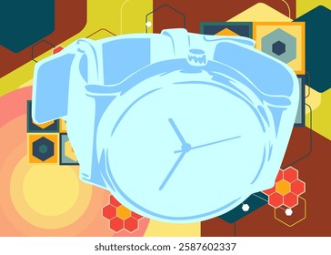 Retro 70s Background with wristwatch. Groovy watch 1970s art template. Minimalistic Vintage design poster. Old-fashioned color artwork.