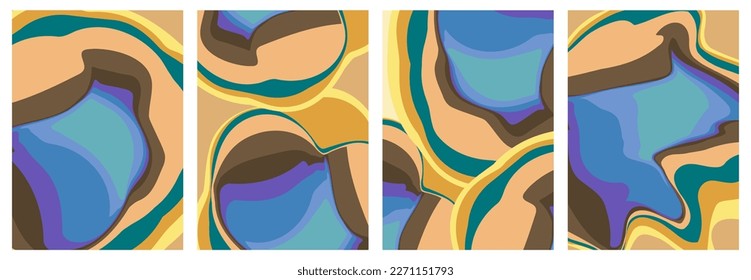 Retro 70s Backgrounds Set. Groovy abstract 1970s art template collection. Minimalistic Vintage striped design poster. Old-fashioned rainbow color artwork.