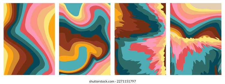 Retro 70s Backgrounds Set. Groovy abstract 1970s art template collection. Minimalistic Vintage striped design poster. Old-fashioned rainbow color artwork.